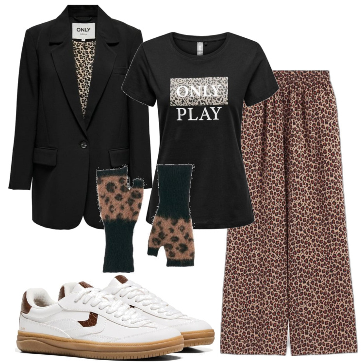 Outfit mujer - Trendy #8278. Estilo Trendy para Oficina. Combinación con sneakers, pantalones palazzo, guantes, blazers, camiseta.