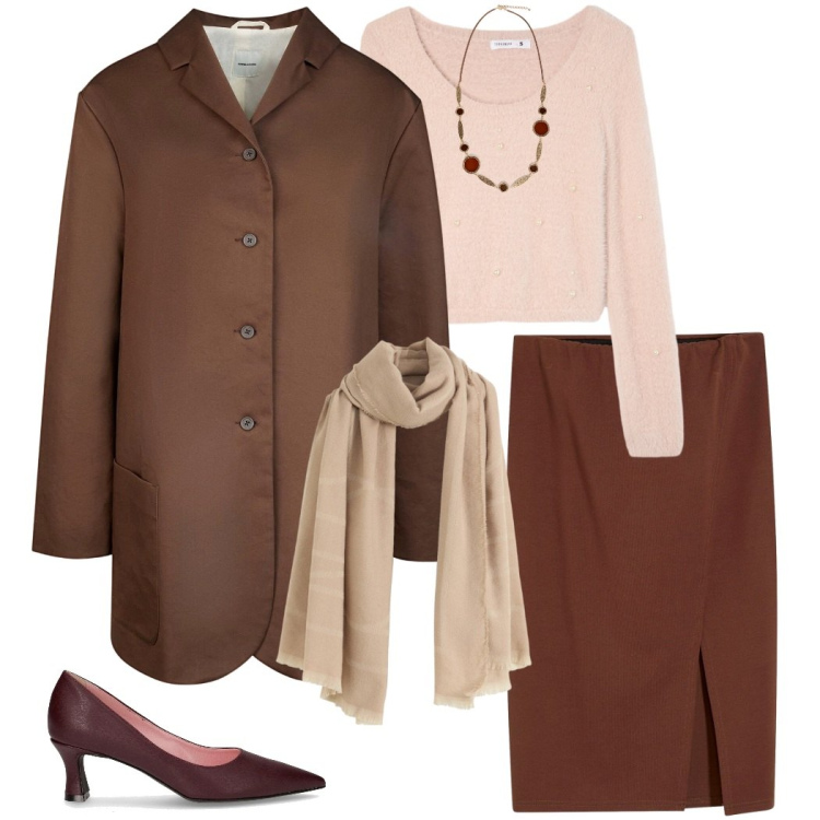 Outfit donna - Trench season. Stile Urban per Ufficio. Abbinamento con gonne, sciarpe, maglieria, trench, décolleté, collane.
