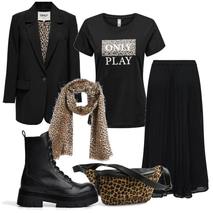 Outfit mujer - Rock #865. Estilo Rock para Todos los días. Combinación con faldas, blazers, camiseta, botines, bufandas, riñoneras.