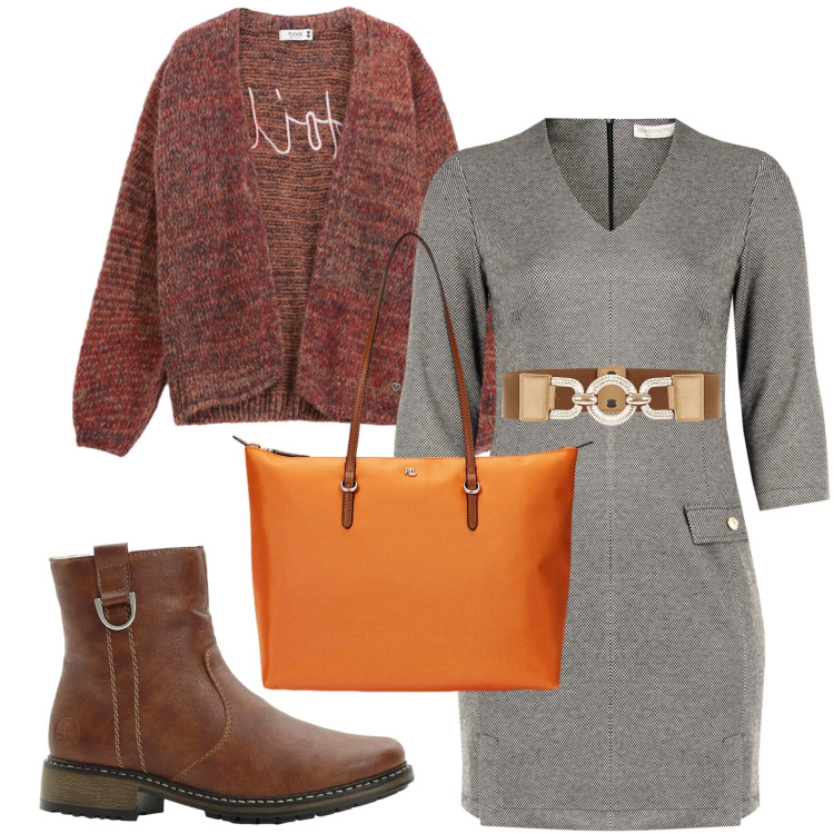 Outfit donna - Il cardigan è protagonista. Stile Casual per Tutti i giorni. Abbinamento con stivaletti, cardigans, cinture, vestiti corti, borse tote.