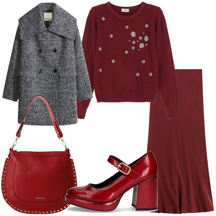 Outfit donna - Trend rosso ciliegia. Stile Trendy per Serata fuori. Abbinamento con cappotti, borse a spalla, gonne lunghe, maglieria, décolleté.