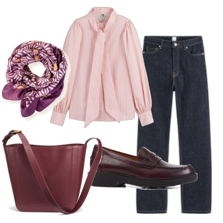 Outfit mujer - Casual chic #16806. Estilo Casual chic para Oficina. Combinación con mocasines, bandas para el pelo, vaqueros rectos, bolso tote, camisas.