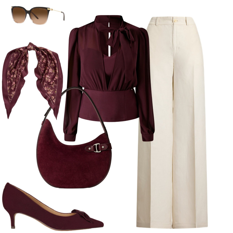 Outfit donna - Wine and White. Stile Chic per Tutti i giorni. Abbinamento con bluse, décolleté, occhiali da sole, pantaloni, borse a spalla, foulard.