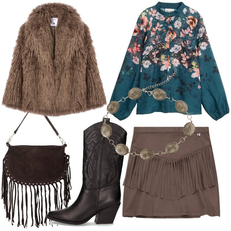 Outfit donna - Boho ad ottobre. Stile Boho per Serata fuori. Abbinamento con bluse, ecopellicce, cinture, borse a tracolla, minigonne, stivali.