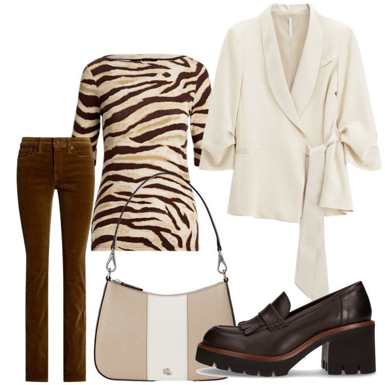 Outfit donna - Total look #2263182. Stile Chic per Tutti i giorni. Abbinamento con blazer, pantaloni, borse a spalla, t-shirt, décolleté.