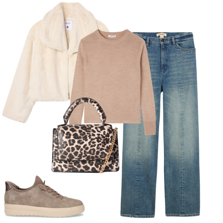 Outfit donna - Total look #2263183. Stile Casual chic per Tutti i giorni. Abbinamento con jeans dritti, maglieria, borse a tracolla, ecopellicce, sneakers.