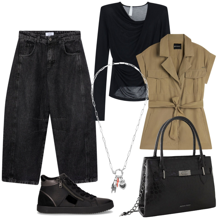 Outfit donna - Trench Smanicato. Stile Casual chic per Tutti i giorni. Abbinamento con borse a mano, jeans, ciondoli, trench, bluse, sneakers alte.