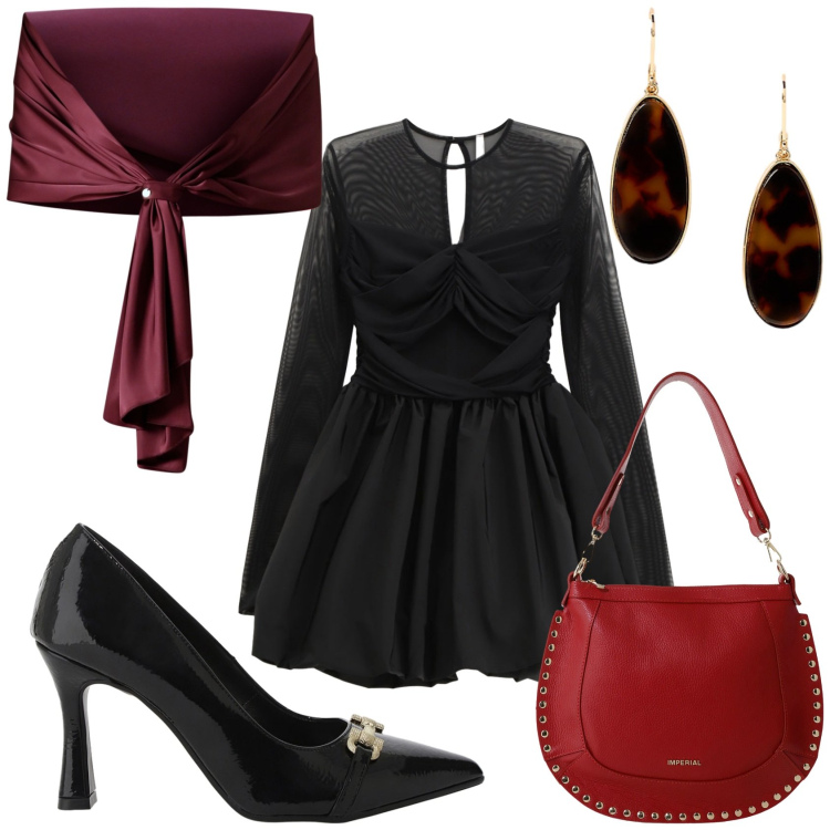 Outfit donna - Total look #2263187. Stile Chic per Serata fuori. Abbinamento con scialli, borse a spalla, vestiti corti, décolleté, orecchini.