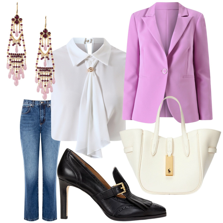 Outfit donna - Giacca rosa. Stile Chic per Ufficio. Abbinamento con jeans boyfriend, blazer, top, décolleté, orecchini, borse tote.