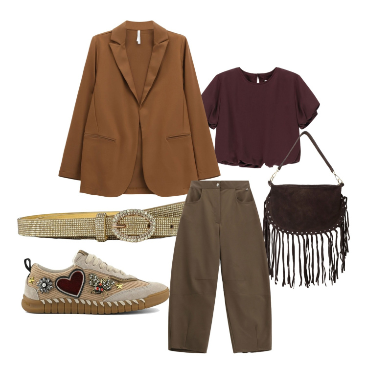 Outfit donna - Passeggiata autunnale. Stile Romantica per Tutti i giorni. Abbinamento con cinture, blazer, camicie a manica corta, pantaloni a palazzo, borse a tracolla, sneakers.