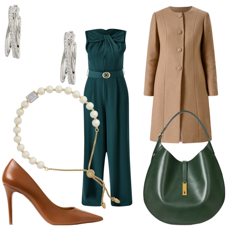 Outfit donna - Tuta verde bosco. Stile Chic per Serata fuori. Abbinamento con tute, cappotti, borse a spalla, décolleté, orecchini, braccialetti.