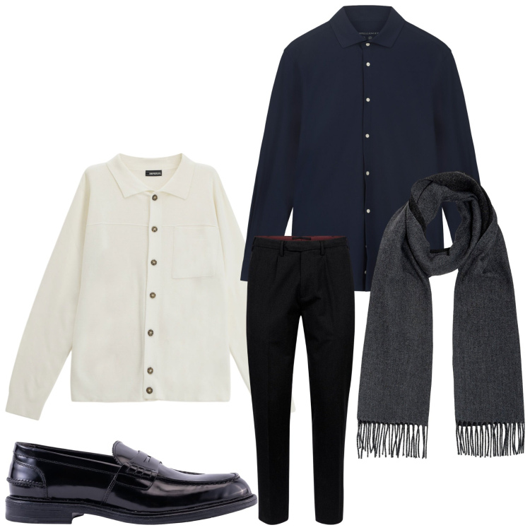 Outfit uomo - Bianco e nero. Stile Business/Elegante per Serata speciale. Abbinamento con cardigans, pantaloni, sciarpe, camicie, scarpe stringate.