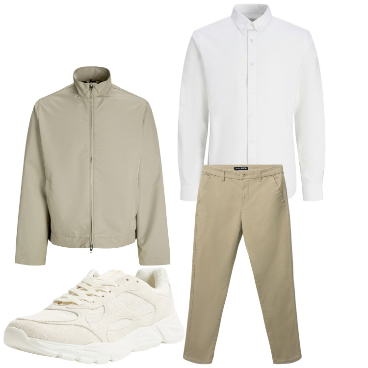 Outfit uomo - Di domenica. Stile Casual per Serata speciale. Abbinamento con camicie, giacche, sneakers, pantaloni chino.