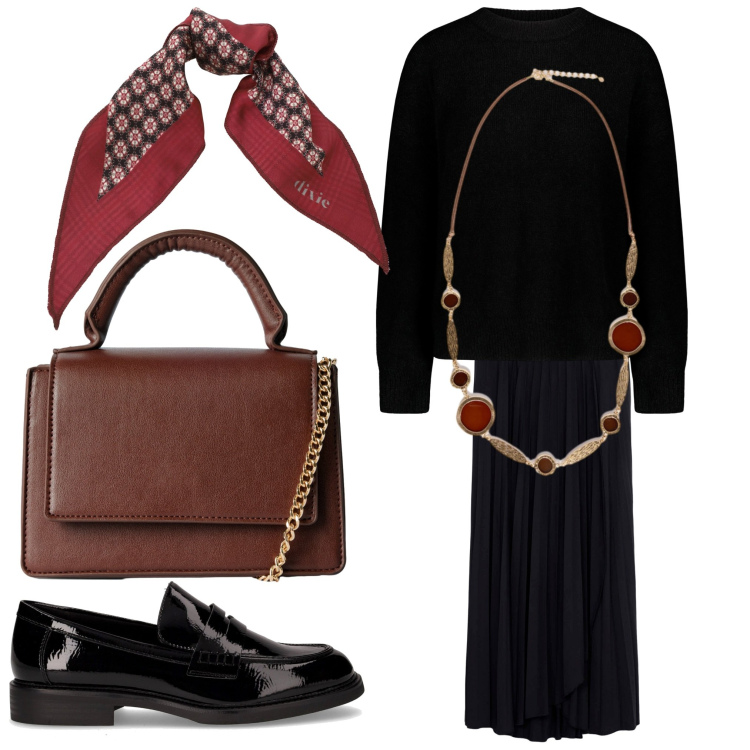 Outfit donna - Domani al lavoro. Stile Chic per Ufficio. Abbinamento con gonne lunghe, borse a tracolla, foulard, mocassini, maglieria, collane.