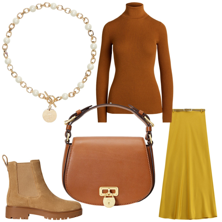 Outfit donna - Miss autunno. Stile Chic per Ufficio. Abbinamento con gonne lunghe, stivaletti chelsea, collane, maglieria, borse a tracolla.