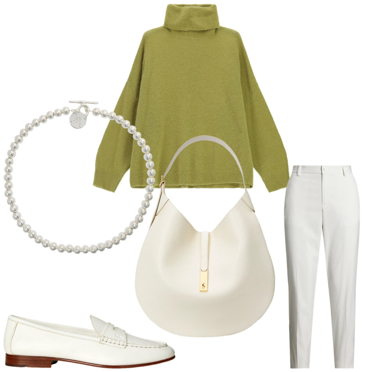 Outfit donna - Lost in the weekend. Stile Chic per Serata fuori. Abbinamento con maglieria, collane, pantaloni, borse a spalla, mocassini.