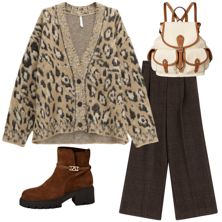Outfit donna - Oversize sempre. Stile Casual chic per Serata fuori. Abbinamento con stivaletti, cardigans, pantaloni a palazzo, zaini.