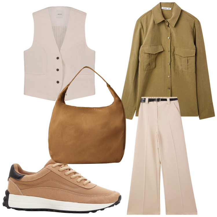Outfit donna - Lunedì mannish. Stile Mannish per Ufficio. Abbinamento con sneakers, pantaloni, camicie, borse a mano, gilet.