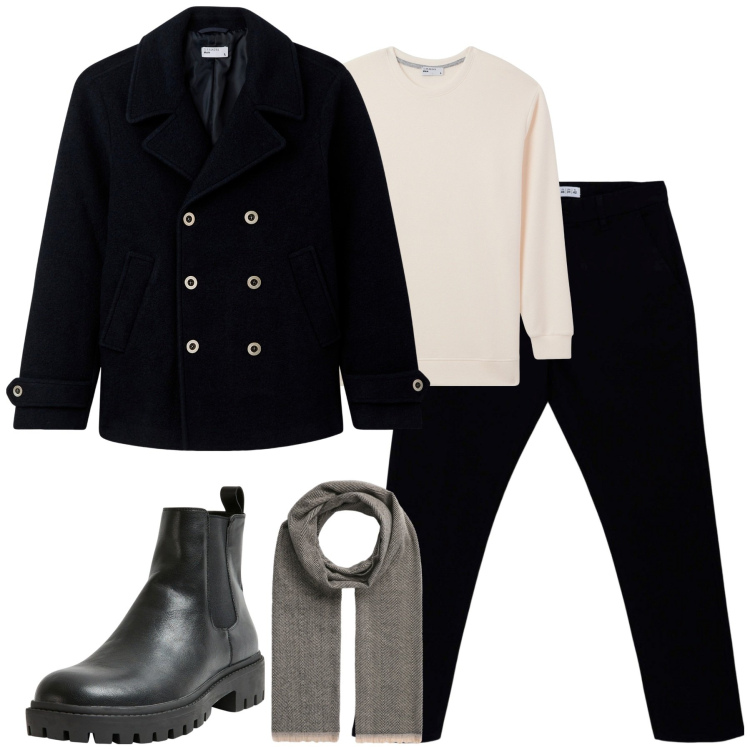 Outfit uomo - City. Stile Urban per Tutti i giorni. Abbinamento con stivali e stivaletti, cappotti, maglieria, pantaloni chino, sciarpe.