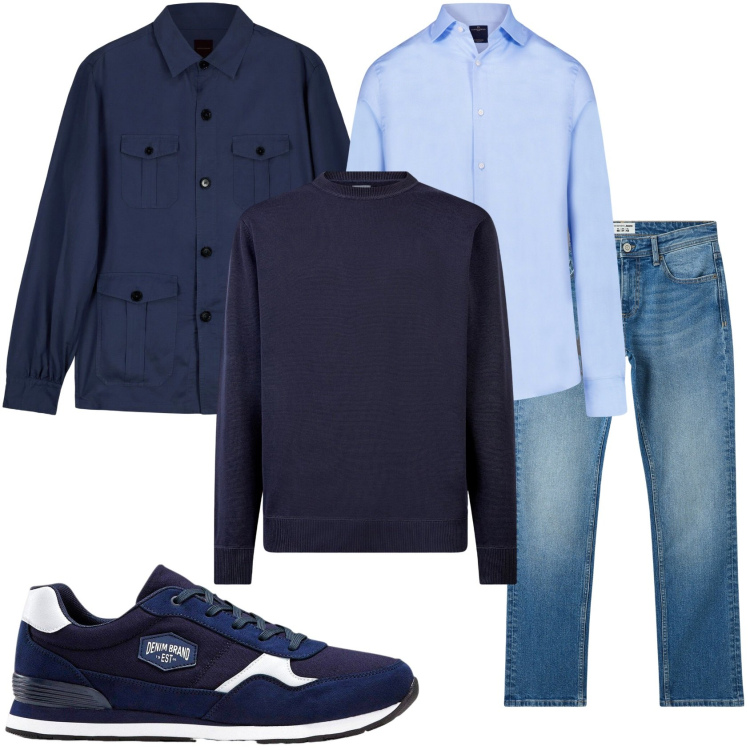 Outfit uomo - Il blu è sempre bello. Stile Urban per Tutti i giorni. Abbinamento con sneakers, jeans, camicie, maglieria, cappotti.