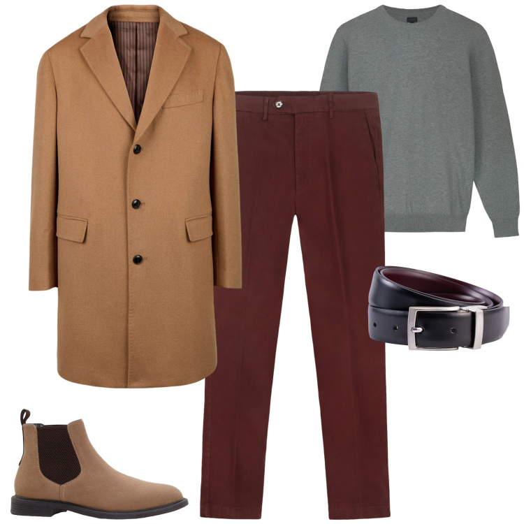 Outfit uomo - City. Stile Business/Elegante per Tutti i giorni. Abbinamento con stivali e stivaletti, cappotti, cinture, maglieria, pantaloni chino.