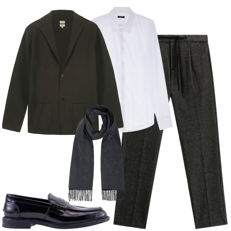 Outfit uomo - City. Stile Business/Elegante per Tutti i giorni. Abbinamento con camicie, pantaloni, giacche, sciarpe, scarpe stringate.