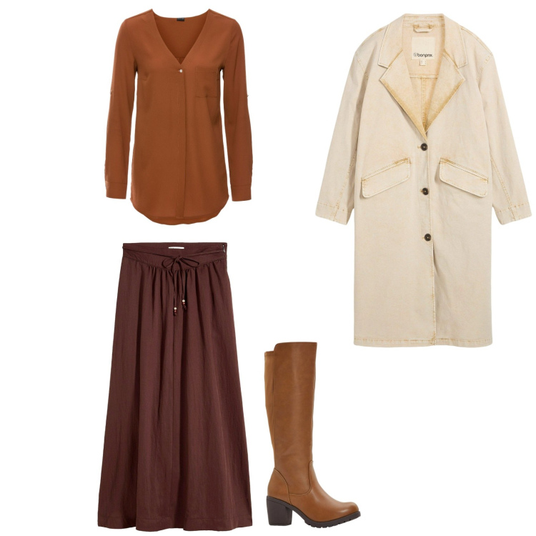 Outfit donna - L\'autunno si avvicina. Stile Chic per Serata fuori. Abbinamento con stivali, trench, gonne lunghe, camicie.