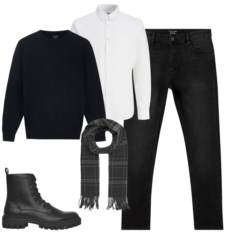 Outfit uomo - City. Stile Urban per Tutti i giorni. Abbinamento con camicie, jeans skinny, anfibi, sciarpe, maglieria.