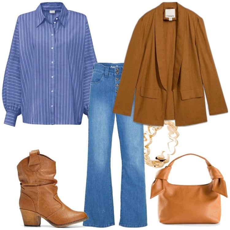Outfit femme - Boho #2506. Style Boho pour Tous les jours. Assortir avec chemisiers, blazers, bottines texanes, sacs à main, bagues, jean coupe droite.