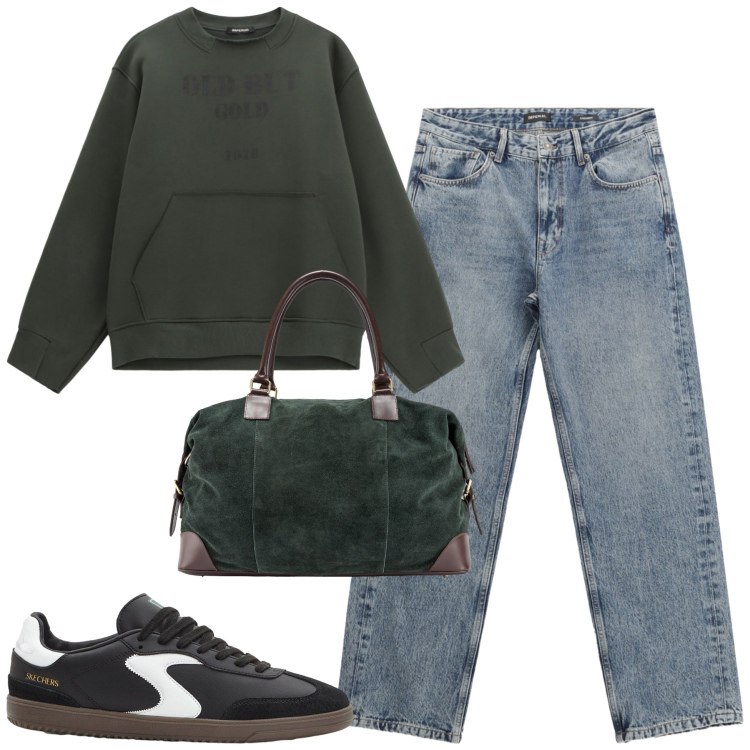 Outfit uomo - City. Stile Casual per Tutti i giorni. Abbinamento con sneakers, jeans dritti, felpe, borse sportive.