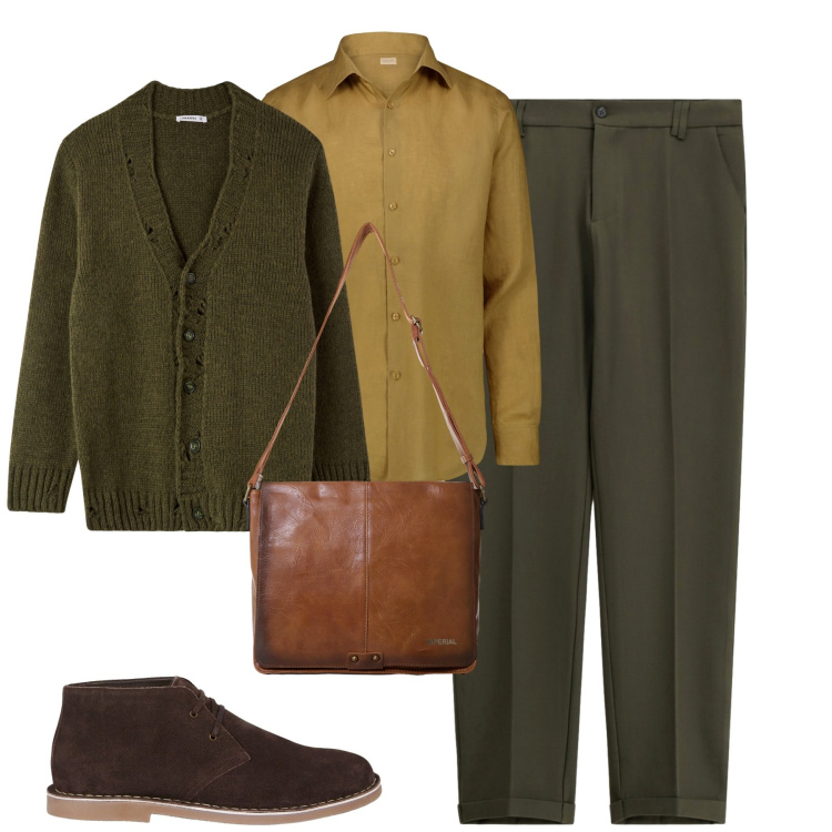 Outfit uomo - Ottobre. Stile Urban per Tutti i giorni. Abbinamento con cardigans, pantaloni chino, borse sportive, camicie, stivali e stivaletti.