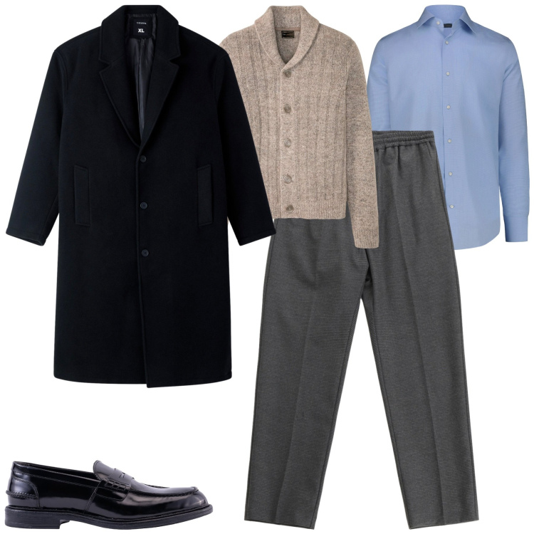 Outfit uomo - Vestirsi a strati. Stile Business/Elegante per Tutti i giorni. Abbinamento con cardigans, cappotti, pantaloni, camicie, scarpe stringate.