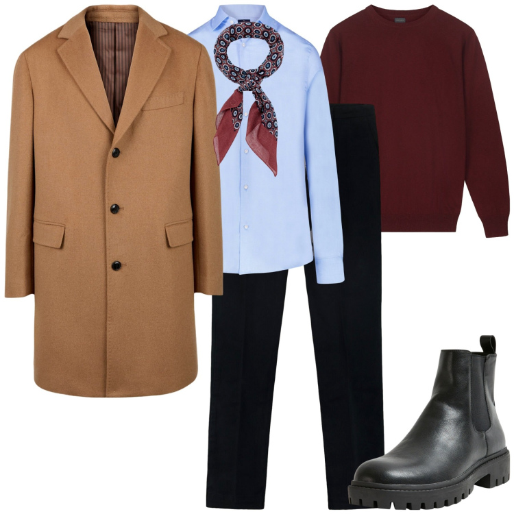 Outfit uomo - City. Stile Business/Elegante per Tutti i giorni. Abbinamento con stivali e stivaletti, cappotti, camicie, pantaloni, maglieria, sciarpe e foulard.