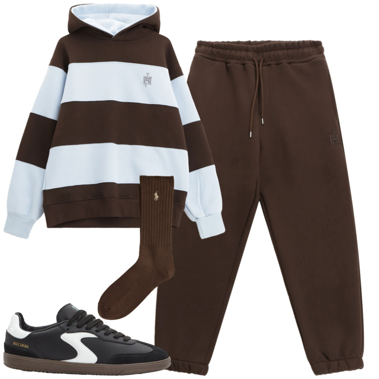 Outfit uomo - Sportivo. Stile Casual per Tutti i giorni. Abbinamento con sneakers, pantaloni, felpe con cappuccio, calzini.