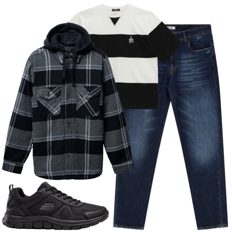 Outfit uomo - Total look #2263229. Stile Casual per Tutti i giorni. Abbinamento con sneakers, giacche, jeans dritti, t-shirt.