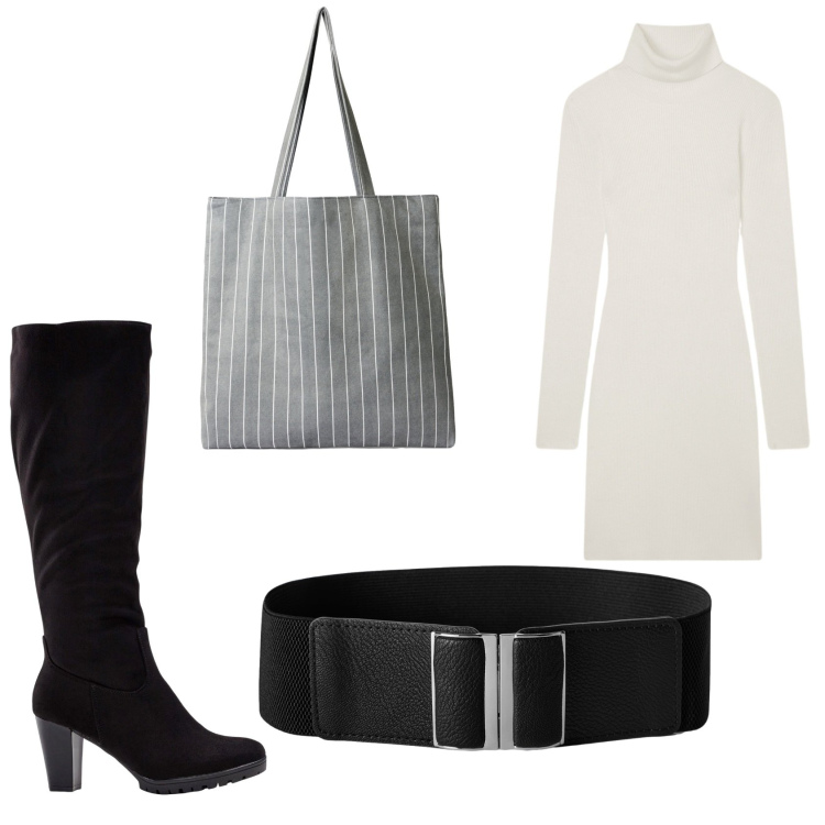 Outfit donna - Abito in maglia e stivali. Stile Casual per Tutti i giorni. Abbinamento con stivali, vestiti corti, cinture, shopping bag.
