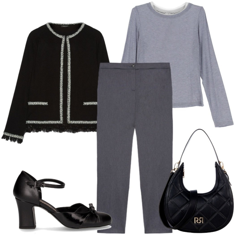 Outfit donna - Fall mid season sale. Stile Bon Ton per Ufficio. Abbinamento con t-shirt, borse a tracolla, cardigans, pantaloni, décolleté.