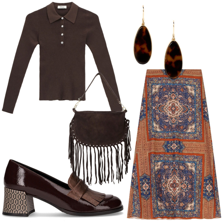 Outfit donna - La gonna stile etnico. Stile Etnico per Tutti i giorni. Abbinamento con gonne lunghe, borse a tracolla, maglieria, orecchini, mocassini.