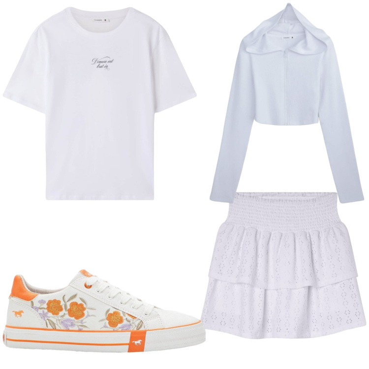 Outfit donna - Partita a tennis. Stile Sporty chic per Sport. Abbinamento con sneakers, minigonne, felpe con cappuccio, t-shirt.