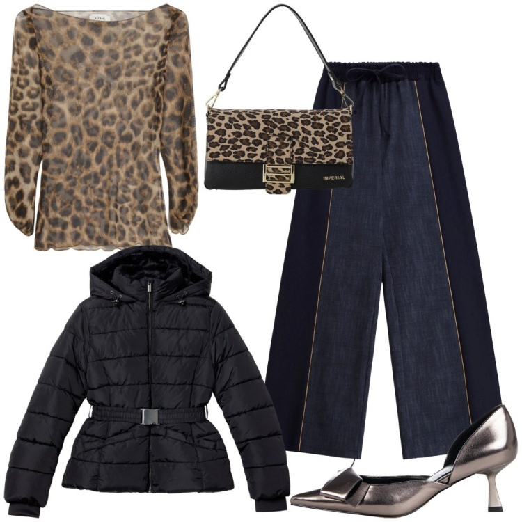 Outfit donna - Denim e animalier. Stile Casual chic per Serata fuori. Abbinamento con piumini, décolleté, pantaloni a palazzo, borse a spalla, top.
