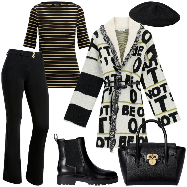 Outfit donna - Stile unico con il cardigan stampato. Stile Casual chic per Tutti i giorni. Abbinamento con cardigans, pantaloni skinny, t-shirt, borse a mano, stivaletti chelsea, berretti.