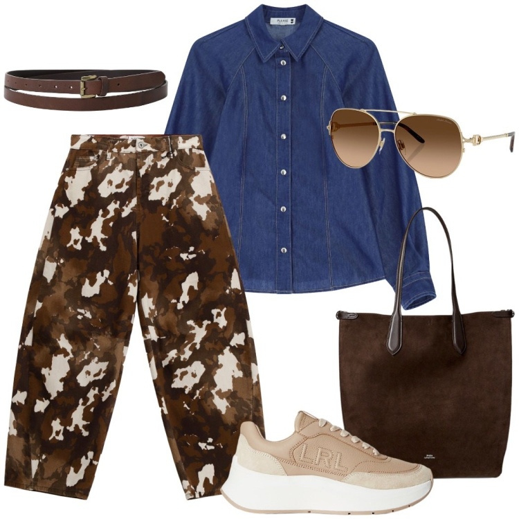 Outfit donna - Country style. Stile Casual chic per Tutti i giorni. Abbinamento con pantaloni a palazzo, camicie, cinture, occhiali da sole, borse tote, sneakers.