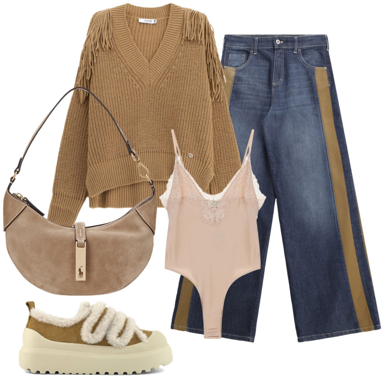 Outfit donna - Total look #2263241. Stile Casual chic per Tutti i giorni. Abbinamento con maglieria, jeans a zampa, body, borse a spalla, sneakers.