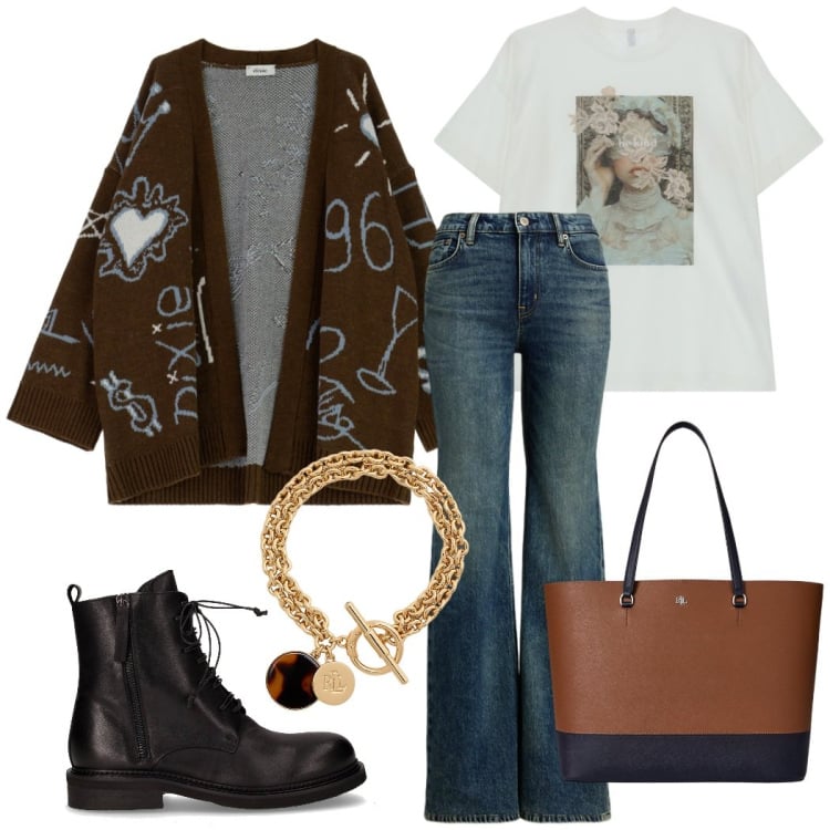 Outfit donna - Total look #2263242. Stile Casual chic per Tutti i giorni. Abbinamento con cardigans, t-shirt, braccialetti con ciondoli, borse tote, jeans, anfibi.
