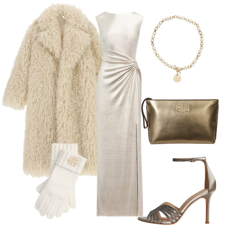 Outfit donna - La festa del mio compleanno. Stile Bon Ton per Cerimonia. Abbinamento con cappotti, collane, pochette, sandali gioiello, guanti, vestiti.