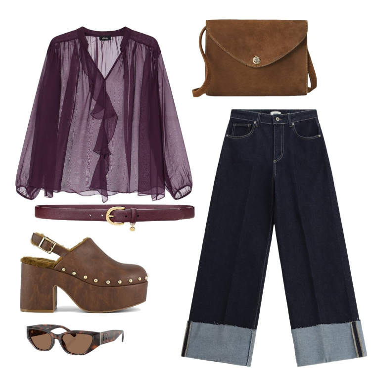 Outfit donna - Total look #2263247. Stile Boho per Tutti i giorni. Abbinamento con jeans, bluse, cinture, borse a tracolla, occhiali da sole, sabot.