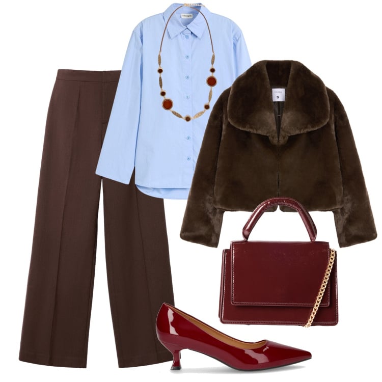 Outfit donna - Per una cena. Stile Chic per Serata fuori. Abbinamento con camicie, pantaloni, ecopellicce, borse a tracolla, décolleté, collane.
