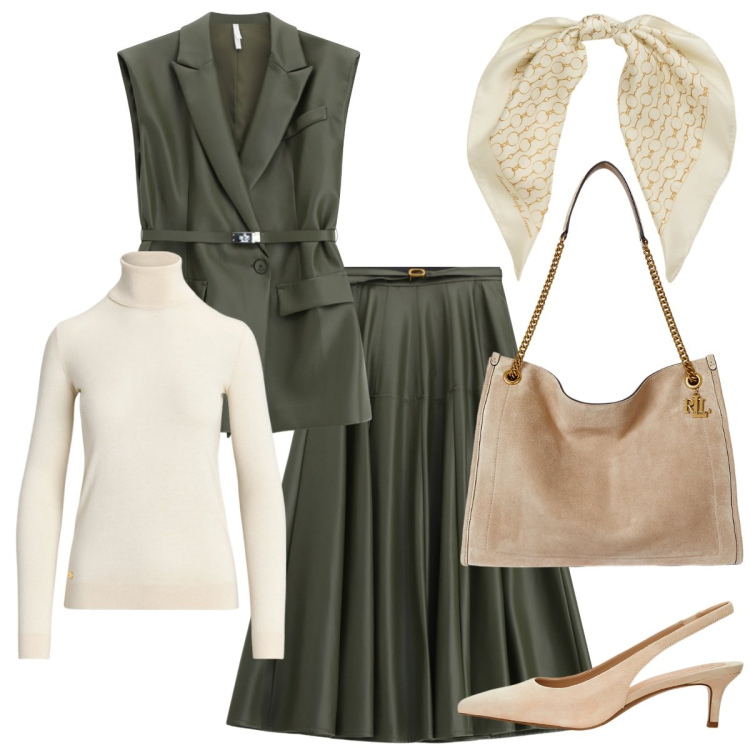 Outfit donna - Gonna e gilet. Stile Basic per Serata fuori. Abbinamento con gonne lunghe, gilet, maglieria, décolleté, borse tote, foulard.