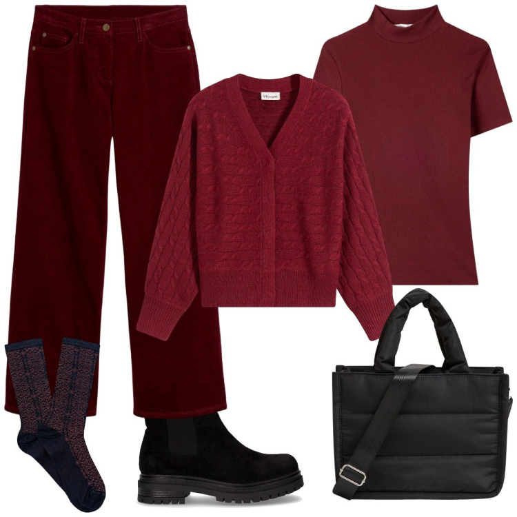 Outfit donna - Domenica rilassata. Stile Casual per Tutti i giorni. Abbinamento con cardigans, pantaloni, shopping bag, t-shirt, calzini, stivaletti chelsea.