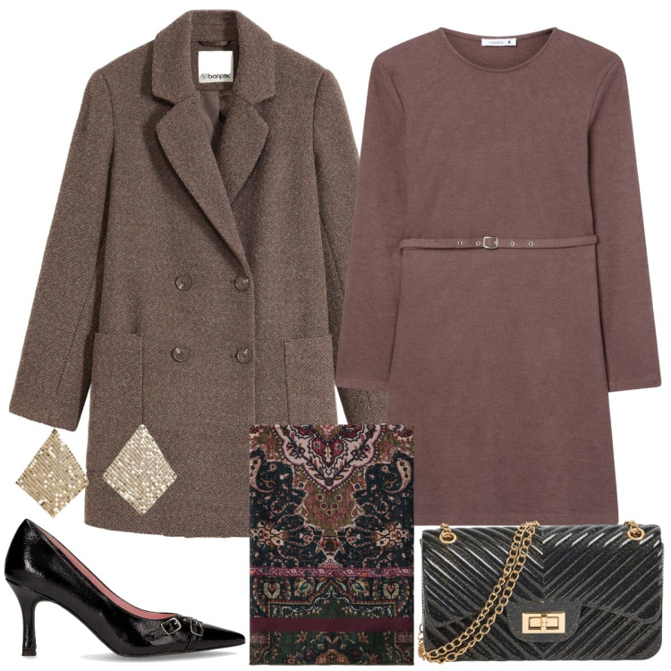 Outfit donna - Mini abito chic. Stile Chic per Ufficio. Abbinamento con cappotti, vestiti midi/longuette, orecchini, borse a tracolla, foulard, décolleté.